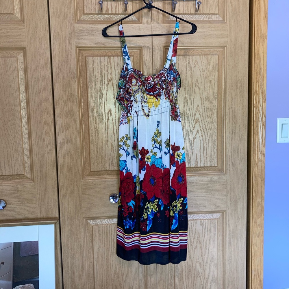 Floral Maxi Dress with Red and Blue Accents